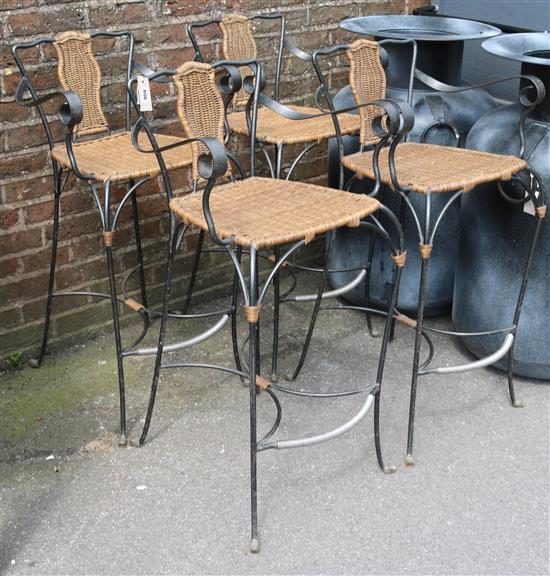 4 wrought iron & basket weave bar stools